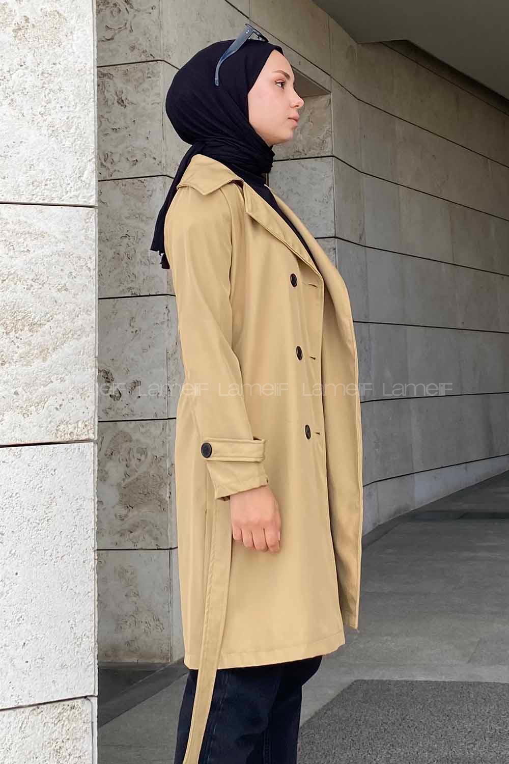 Modalamelif Önü Düğme Detaylı Kuşak Bağlamalı Çift Cepli Trenç Camel