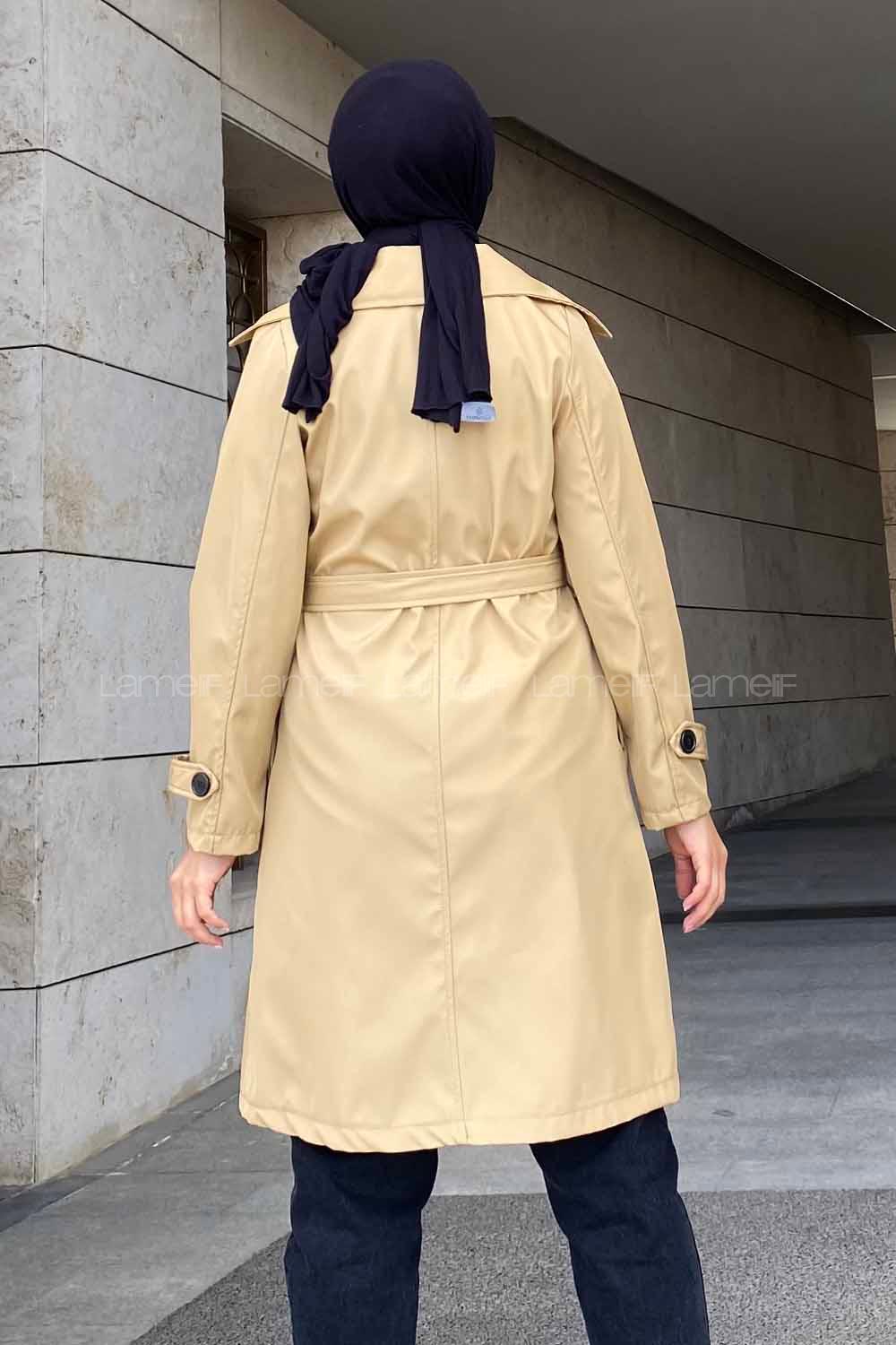 Modalamelif Önü Düğme Detaylı Kuşak Bağlamalı Çift Cepli Trenç Camel