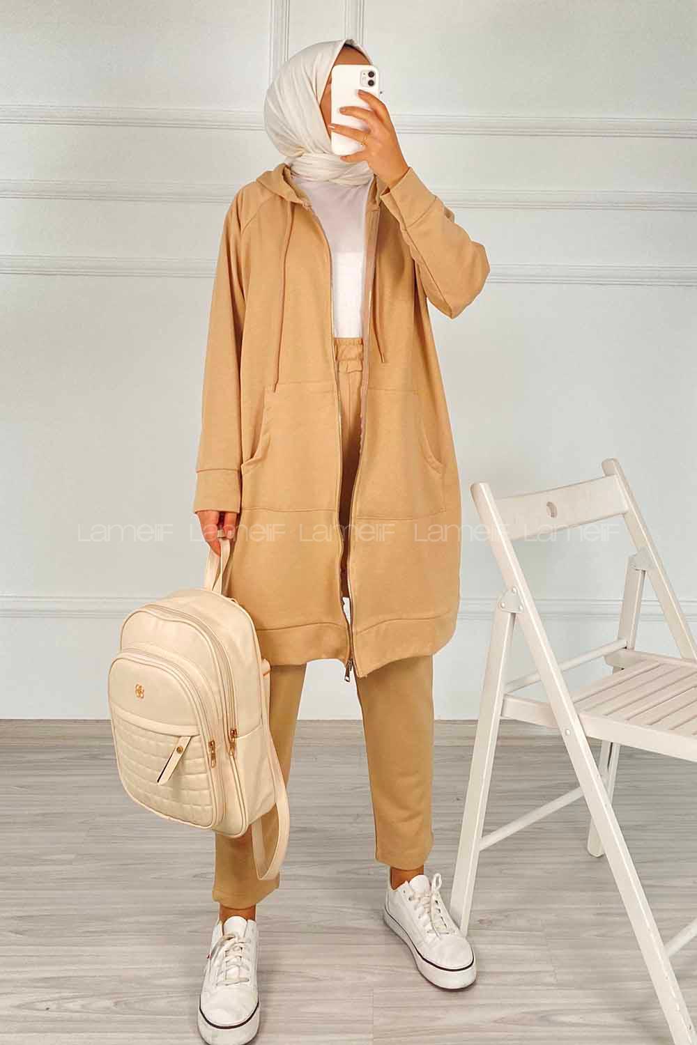 Modalamelif Önü Fermuarlı Kapşonlu İkili Takım Sütlü Kahve