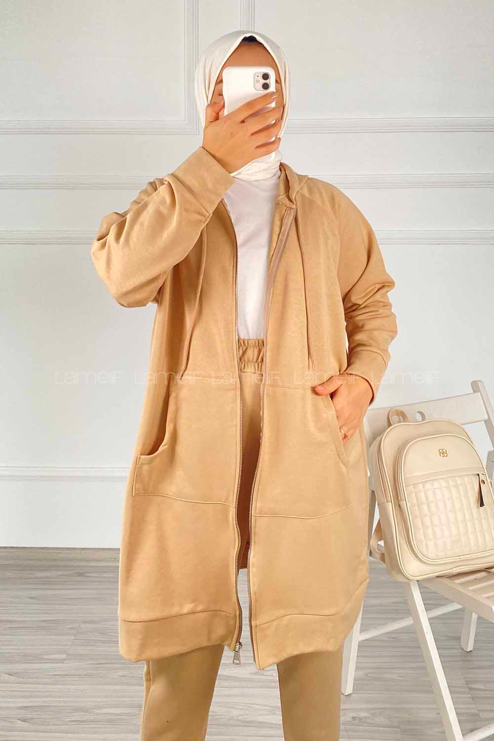 Modalamelif Önü Fermuarlı Kapşonlu İkili Takım Sütlü Kahve