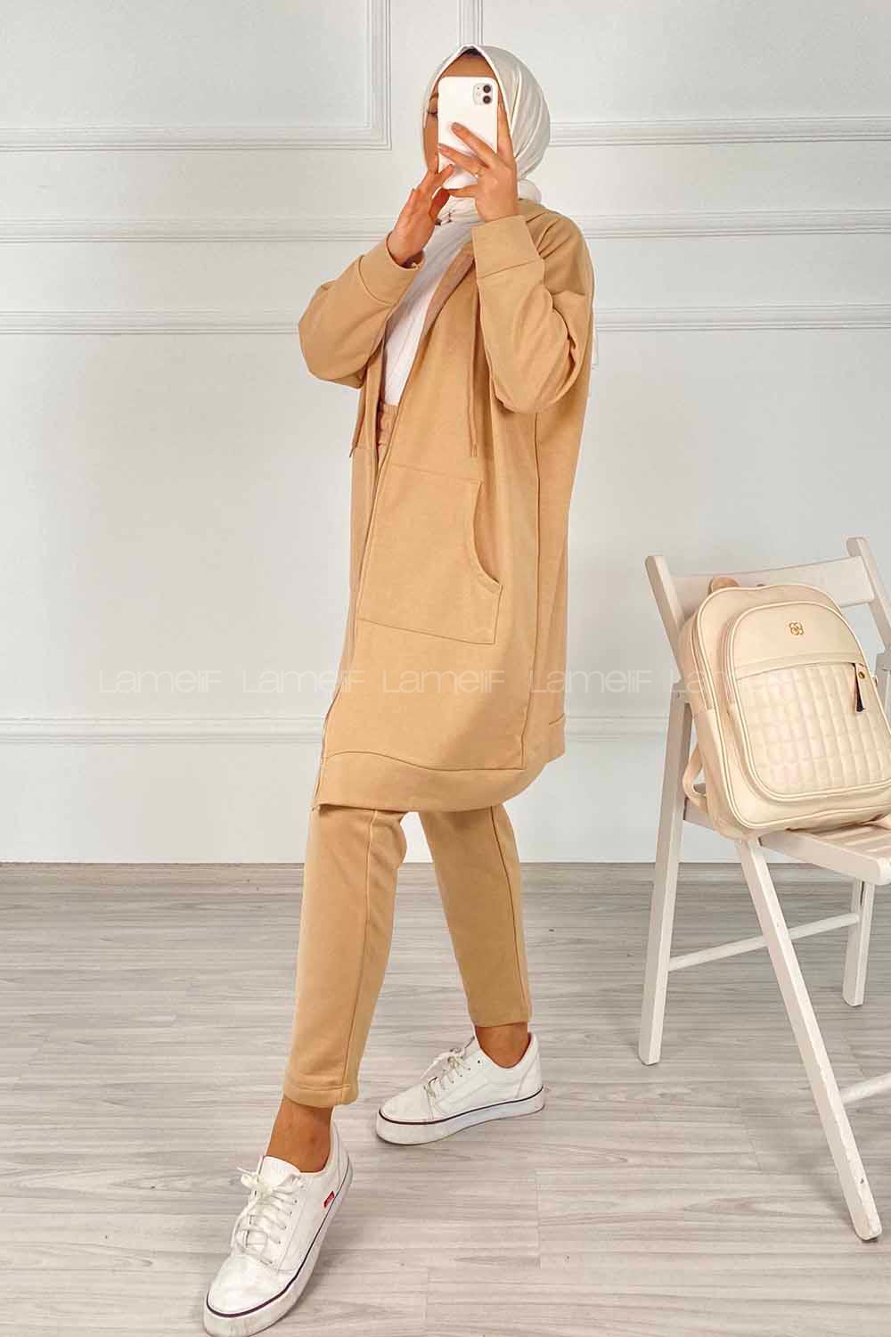 Modalamelif Önü Fermuarlı Kapşonlu İkili Takım Sütlü Kahve