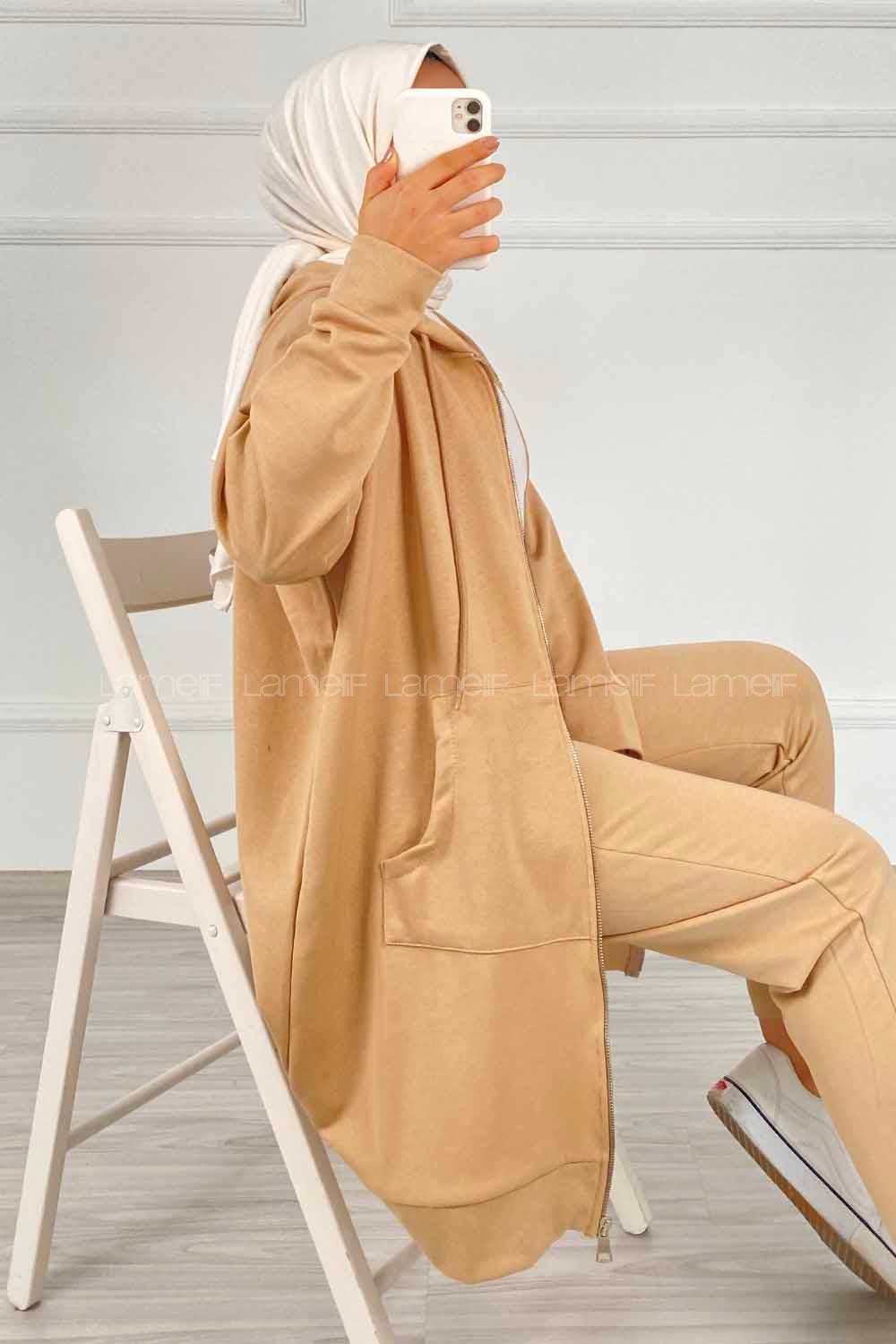 Modalamelif Önü Fermuarlı Kapşonlu İkili Takım Sütlü Kahve