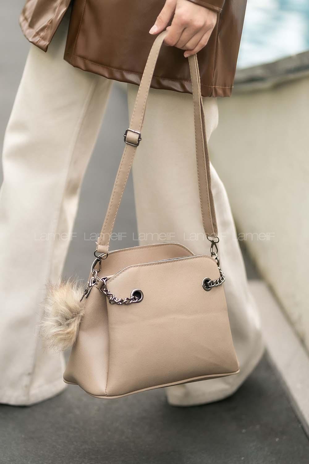 Modalamelif Ponpon Anahtarlıklı Çapraz Çanta Vizon