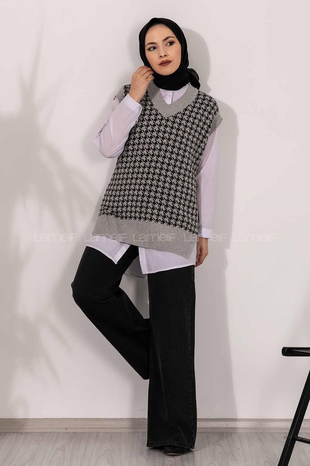 Modalamelif V Yaka Kazayak Desenli Süveter Gri