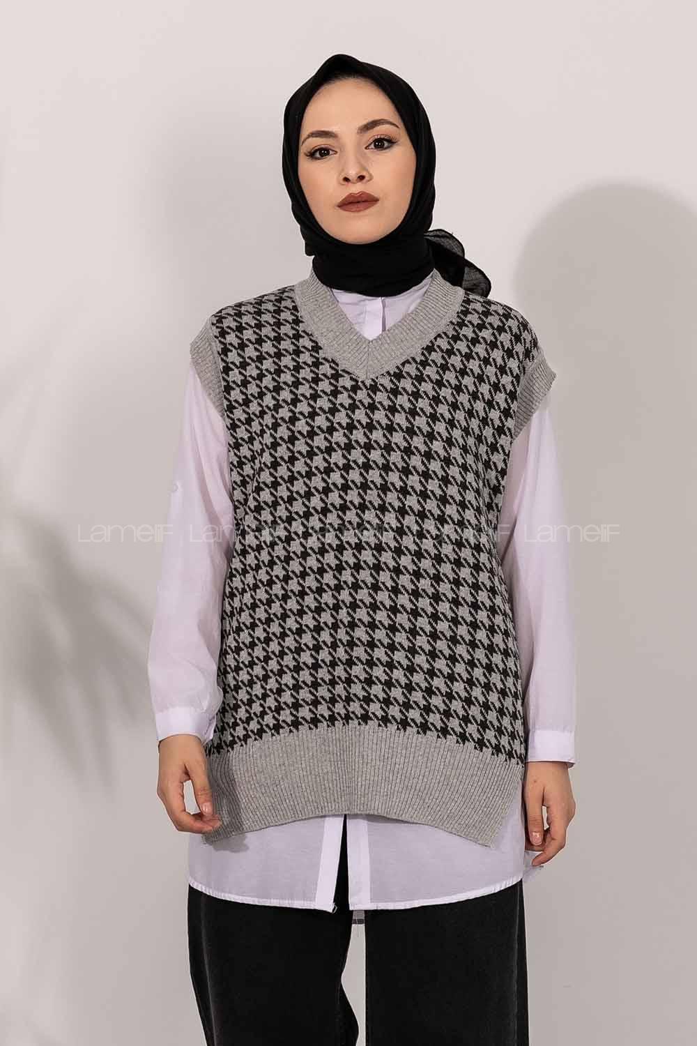 Modalamelif V Yaka Kazayak Desenli Süveter Gri