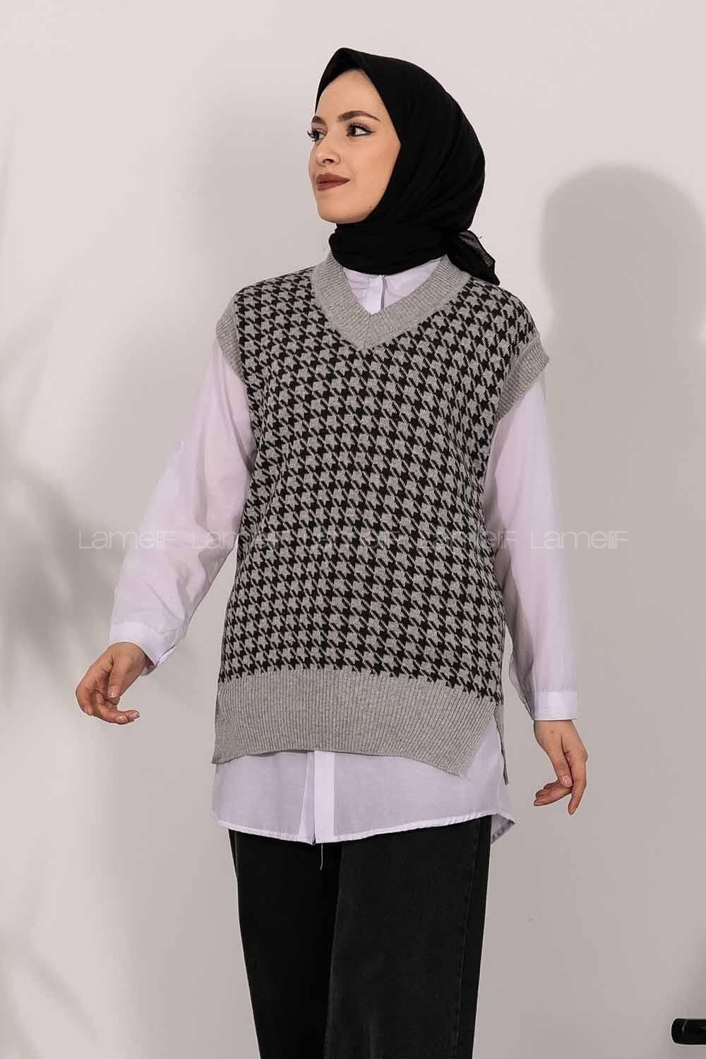 Modalamelif V Yaka Kazayak Desenli Süveter Gri