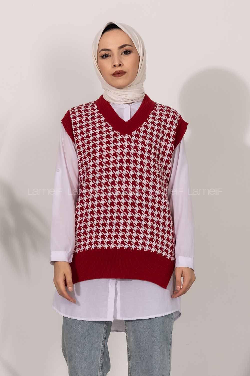 Modalamelif V Yaka Kazayak Desenli Süveter Kırmızı