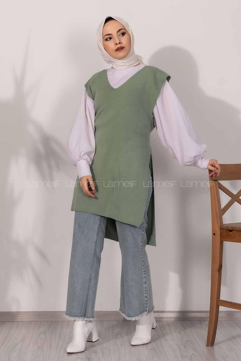 Modalamelif V Yaka Kuşak Bağlamalı Süveter Yelek Çağla Yeşili