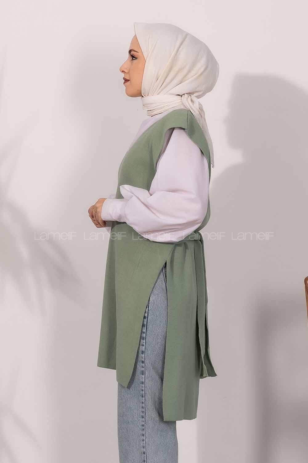 Modalamelif V Yaka Kuşak Bağlamalı Süveter Yelek Çağla Yeşili