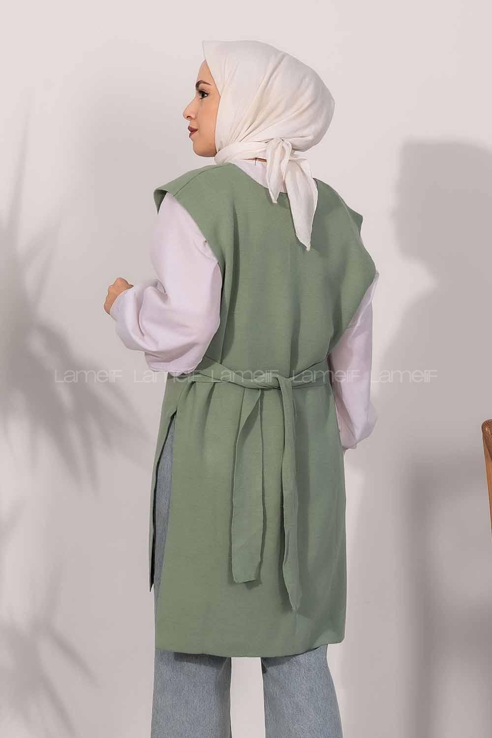 Modalamelif V Yaka Kuşak Bağlamalı Süveter Yelek Çağla Yeşili