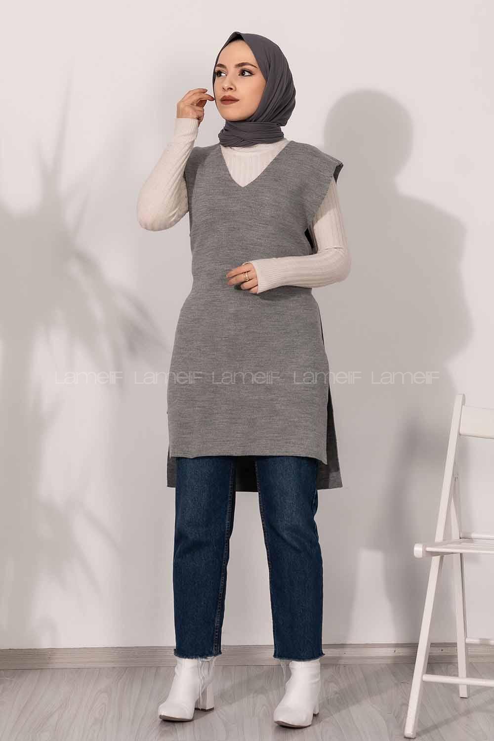 Modalamelif V Yaka Kuşak Bağlamalı Süveter Yelek Gri