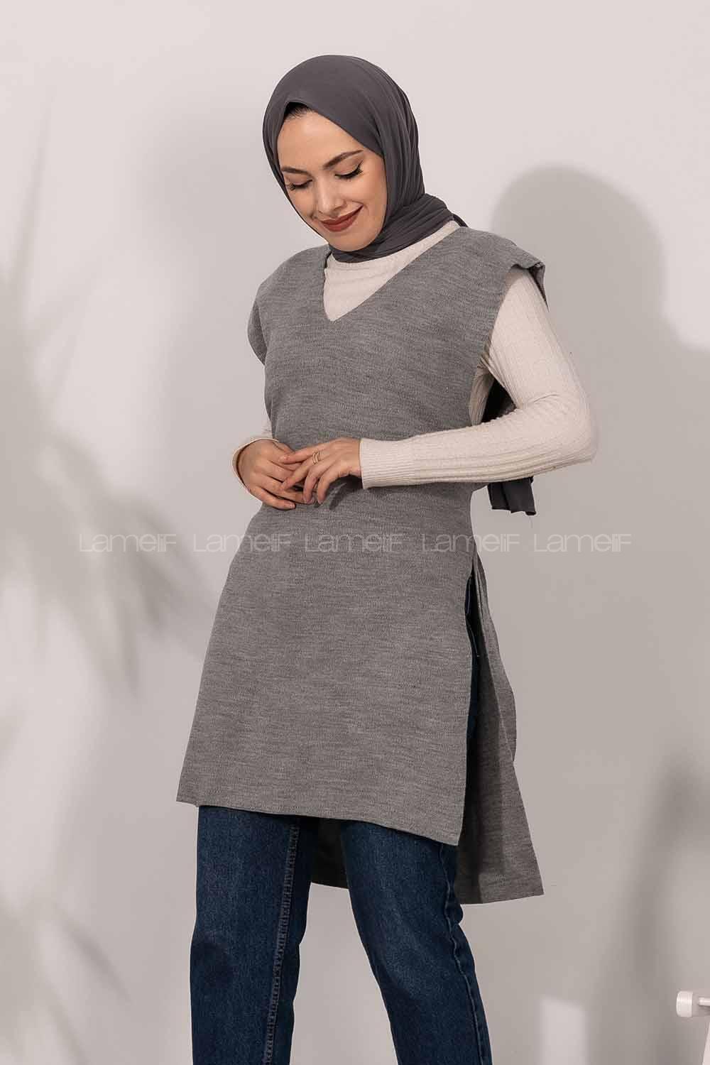 Modalamelif V Yaka Kuşak Bağlamalı Süveter Yelek Gri