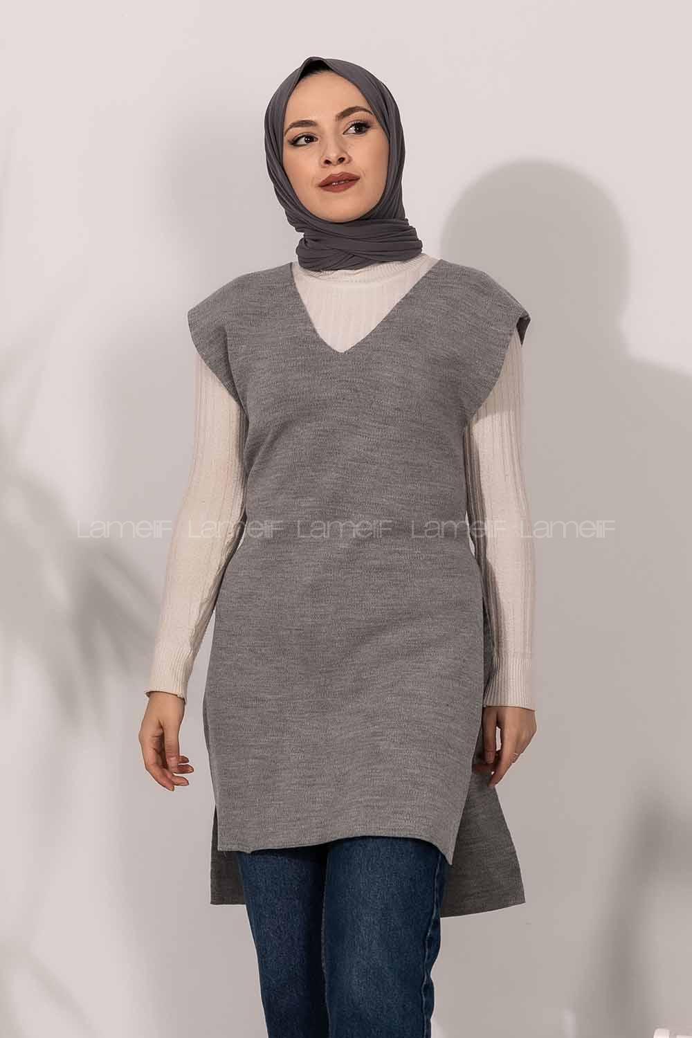 Modalamelif V Yaka Kuşak Bağlamalı Süveter Yelek Gri