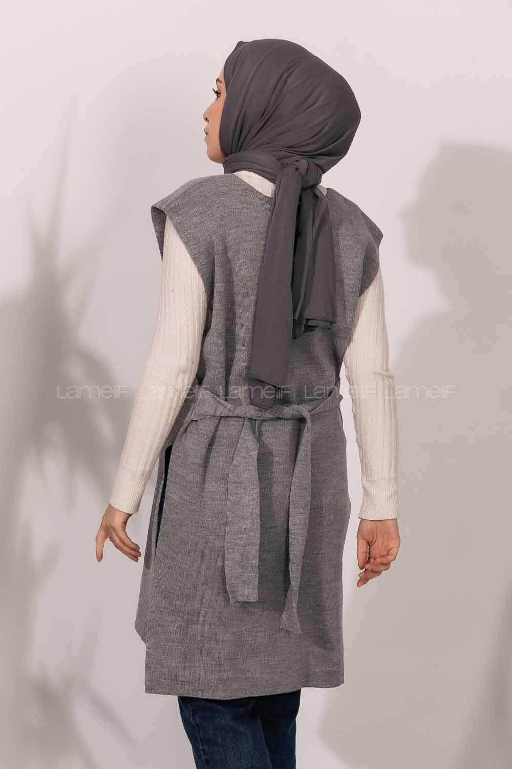 Modalamelif V Yaka Kuşak Bağlamalı Süveter Yelek Gri