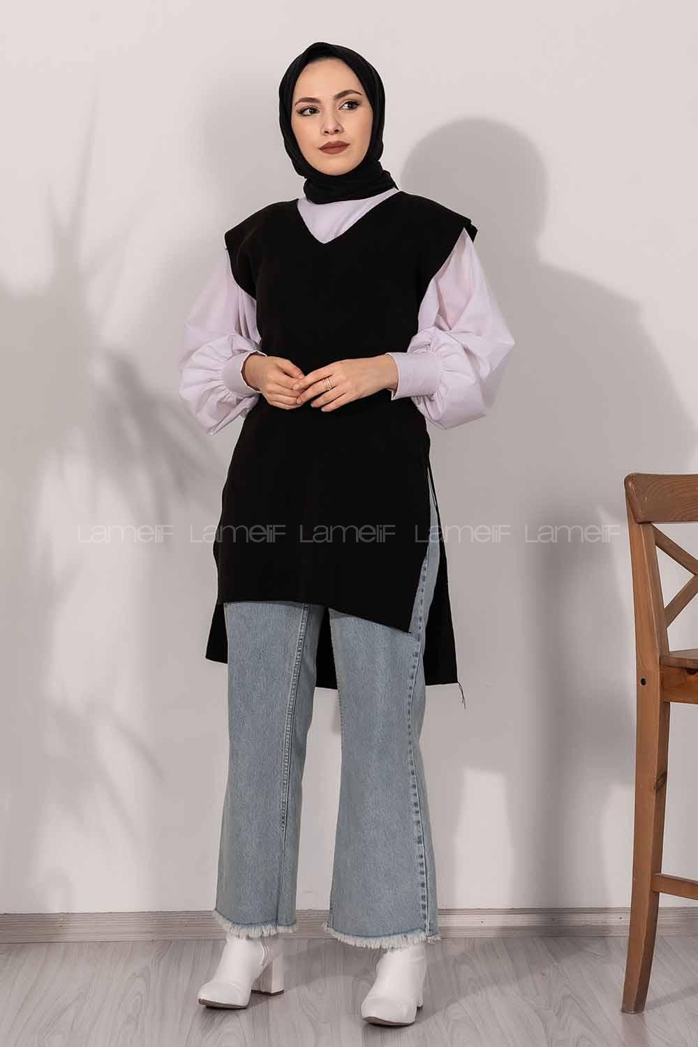 Modalamelif V Yaka Kuşak Bağlamalı Süveter Yelek Siyah