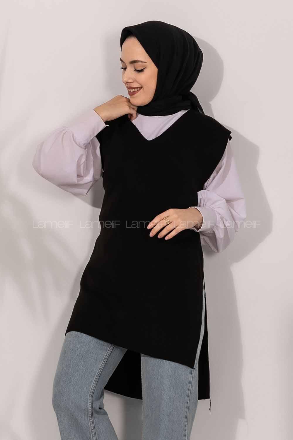 Modalamelif V Yaka Kuşak Bağlamalı Süveter Yelek Siyah