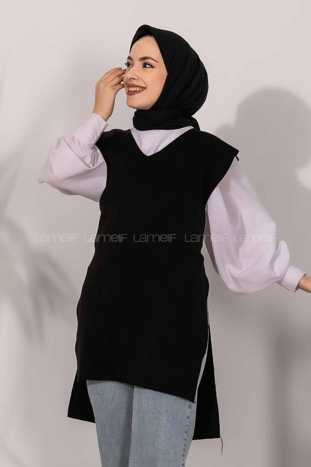 Modalamelif V Yaka Kuşak Bağlamalı Süveter Yelek Siyah