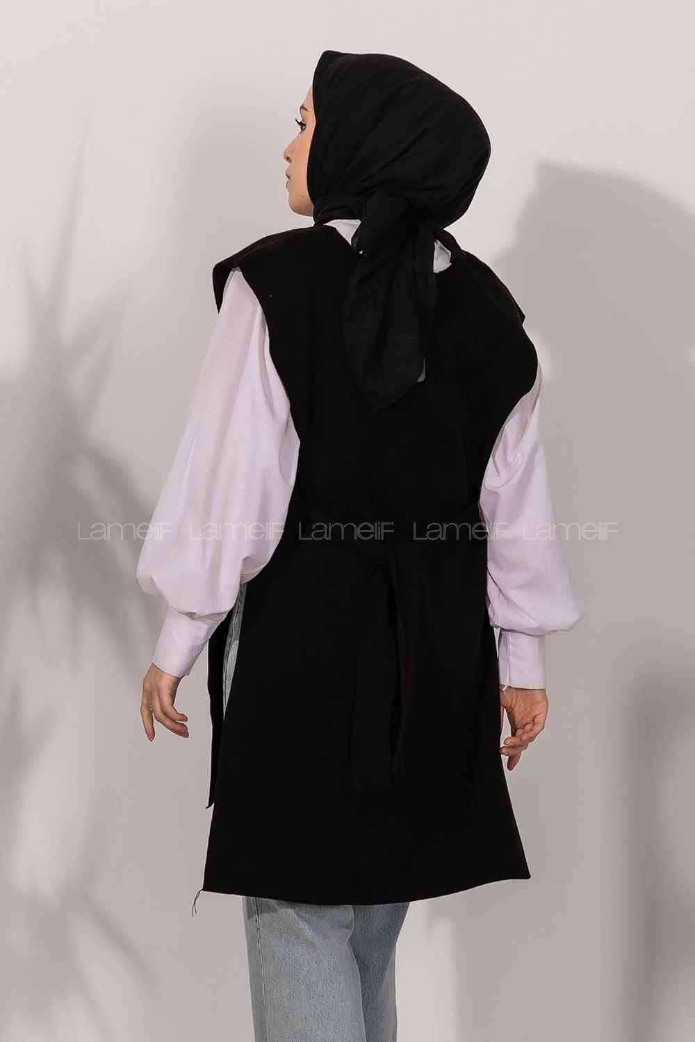 Modalamelif V Yaka Kuşak Bağlamalı Süveter Yelek Siyah