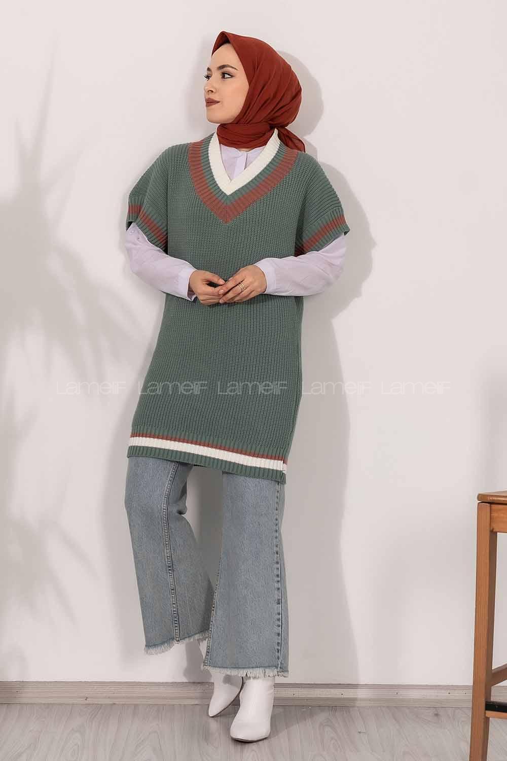 Modalamelif V Yaka Renk Garnili Triko Süveter Çağla Yeşili