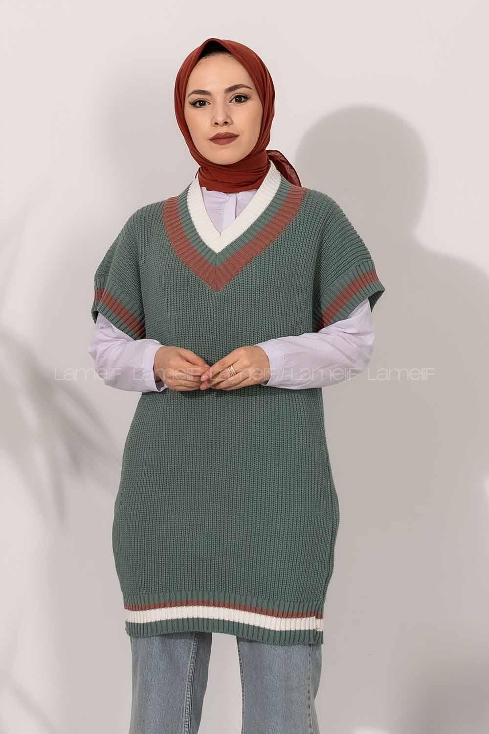 Modalamelif V Yaka Renk Garnili Triko Süveter Çağla Yeşili