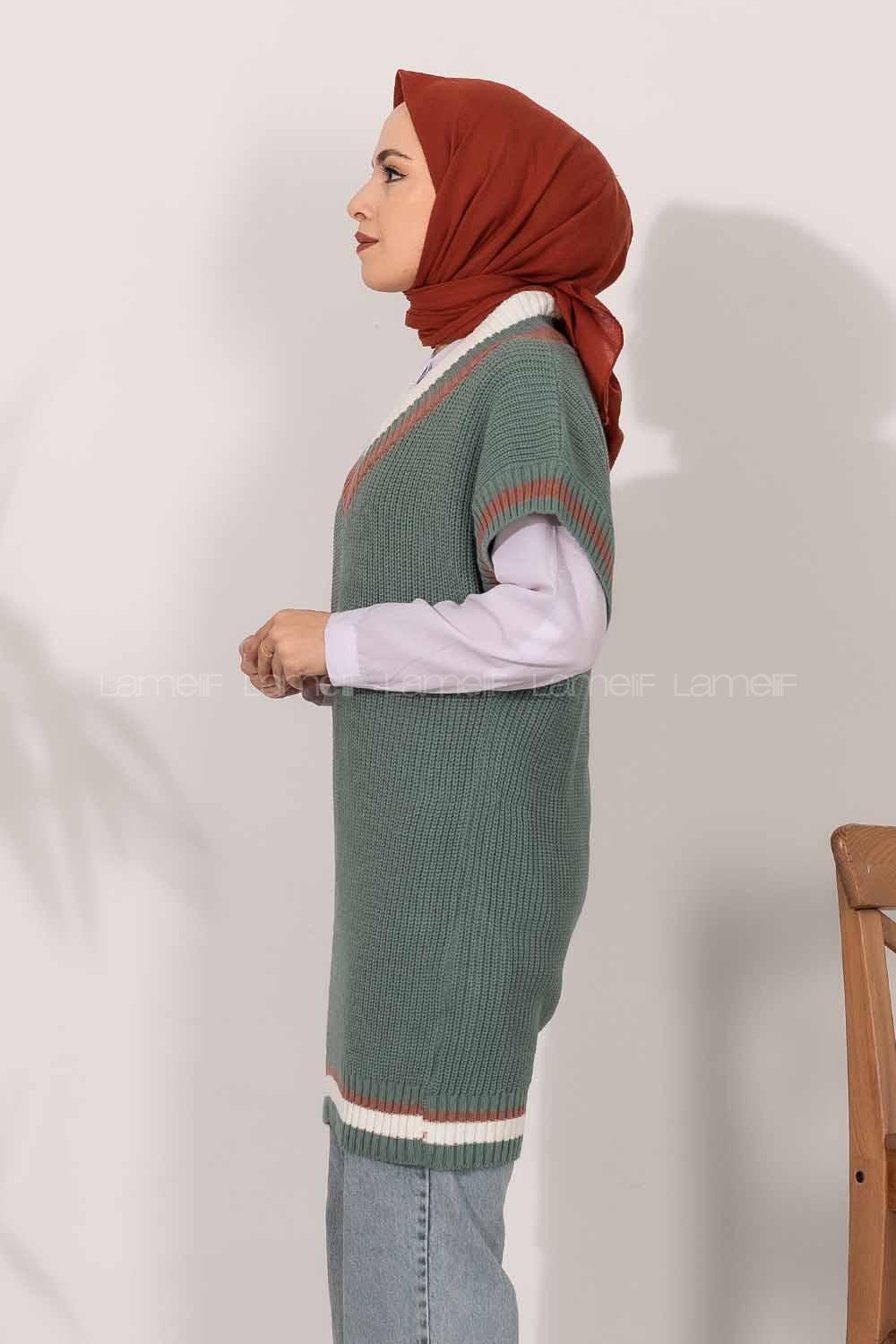 Modalamelif V Yaka Renk Garnili Triko Süveter Çağla Yeşili