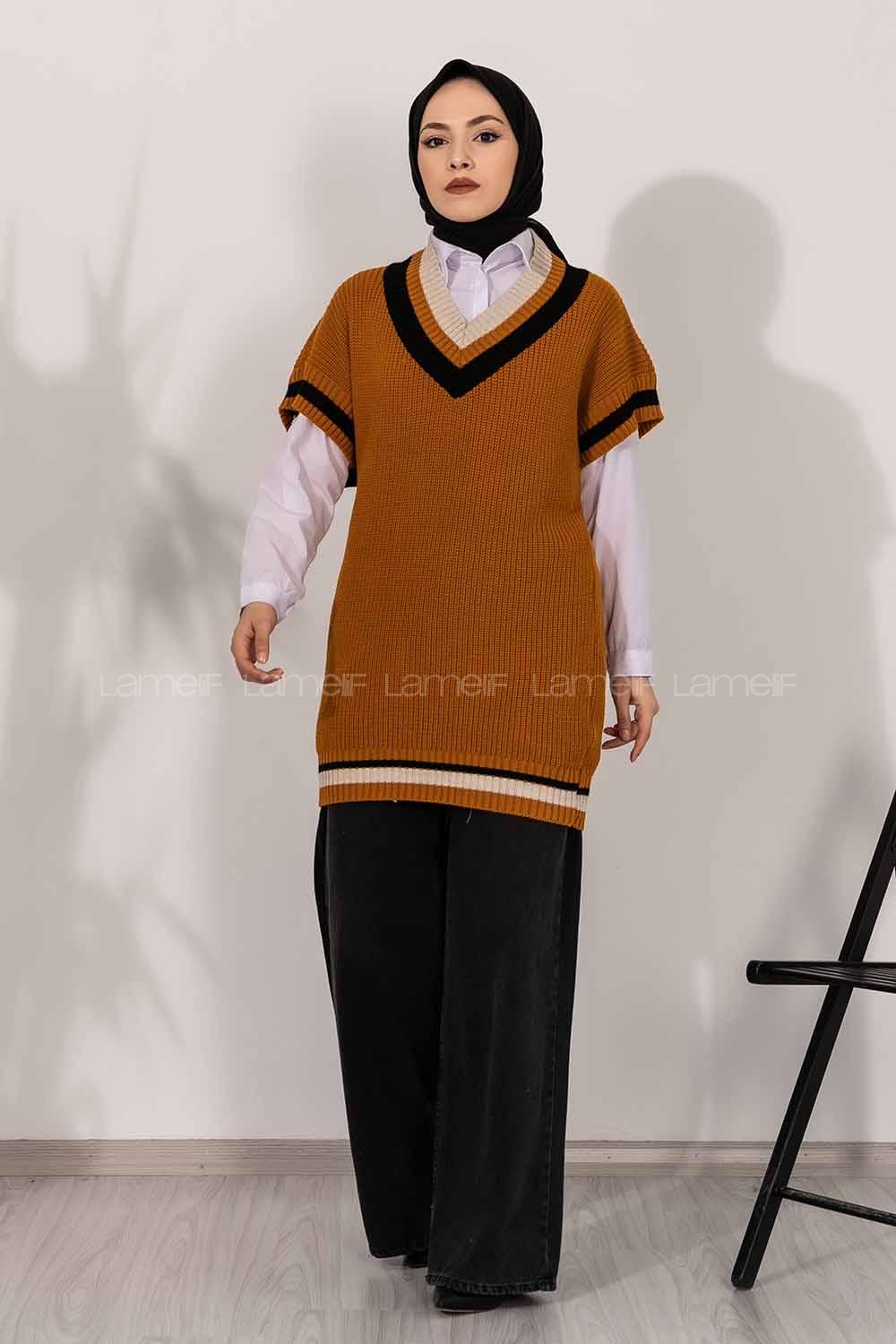 Modalamelif V Yaka Renk Garnili Triko Süveter Camel