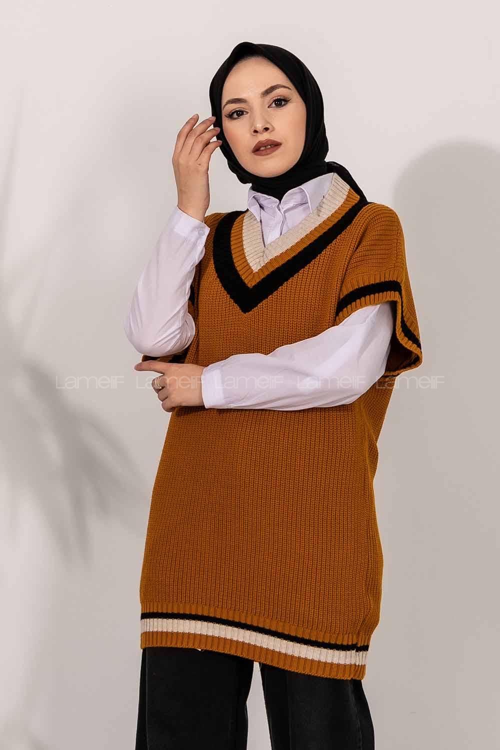 Modalamelif V Yaka Renk Garnili Triko Süveter Camel