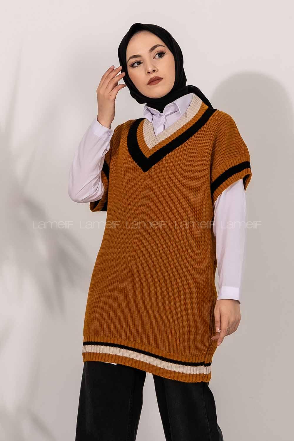 Modalamelif V Yaka Renk Garnili Triko Süveter Camel