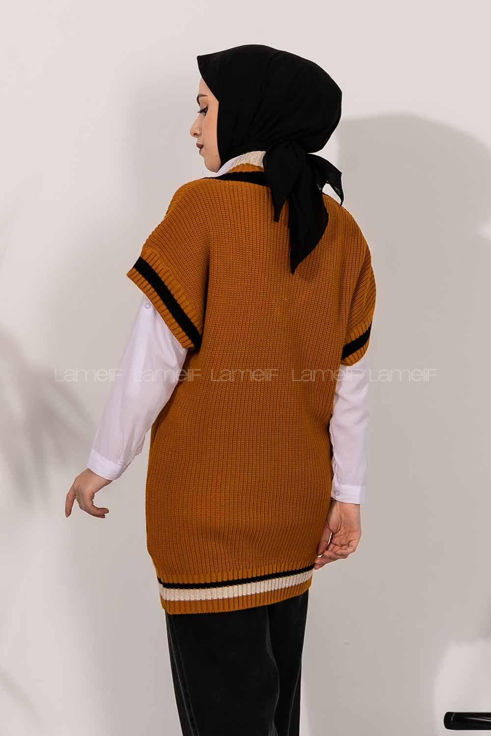 Modalamelif V Yaka Renk Garnili Triko Süveter Camel