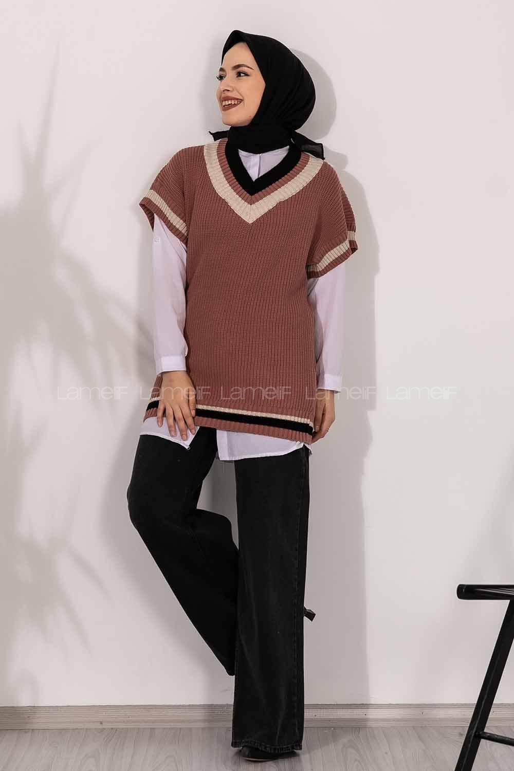 Modalamelif V Yaka Renk Garnili Triko Süveter Gül