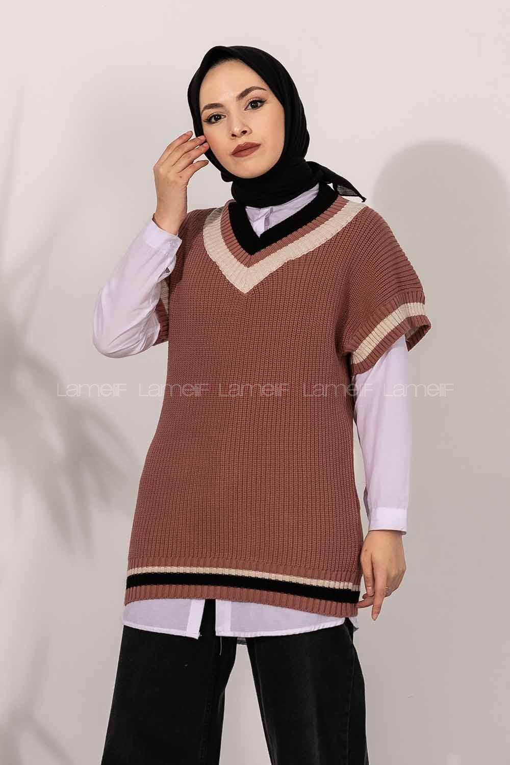 Modalamelif V Yaka Renk Garnili Triko Süveter Gül