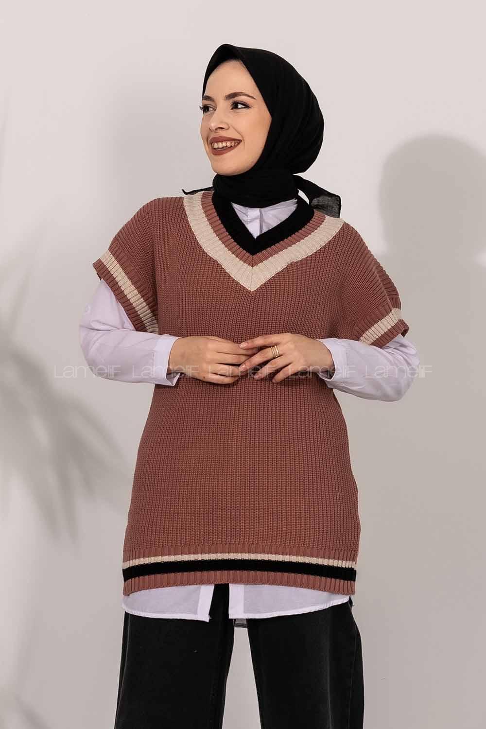 Modalamelif V Yaka Renk Garnili Triko Süveter Gül