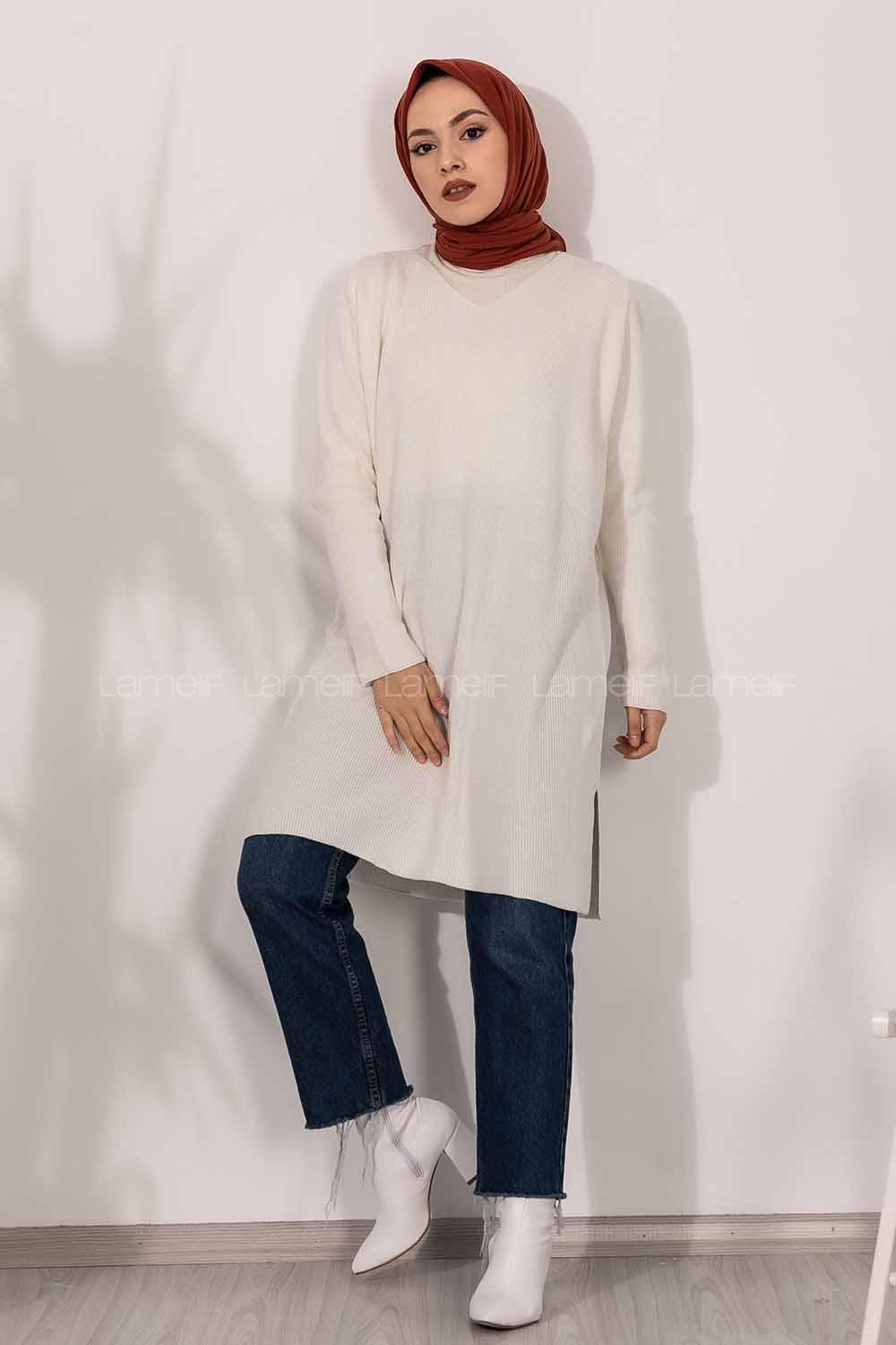 Modalamelif  V Yaka Yırtmaç Detaylı Salaş Tunik Beyaz