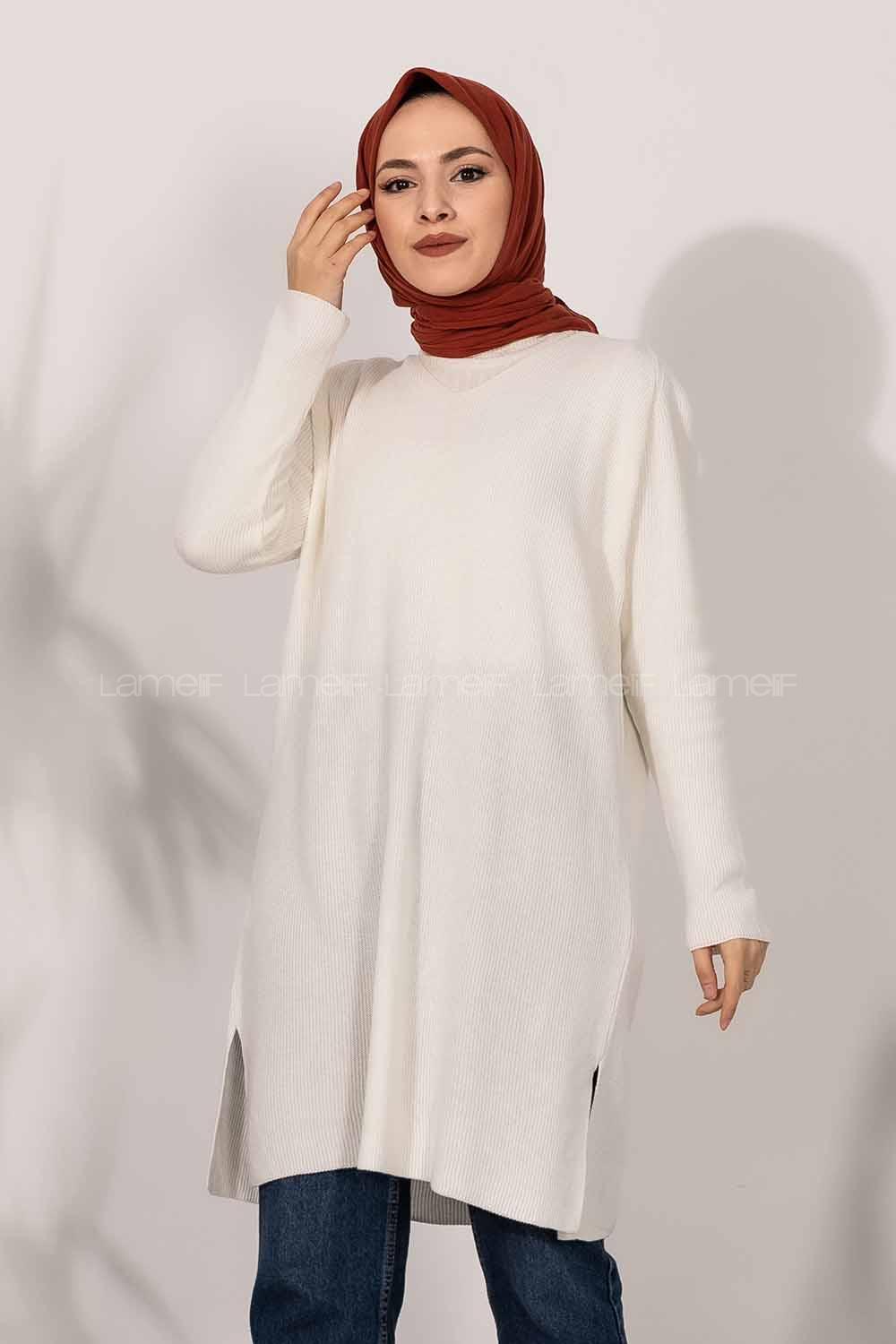 Modalamelif  V Yaka Yırtmaç Detaylı Salaş Tunik Beyaz