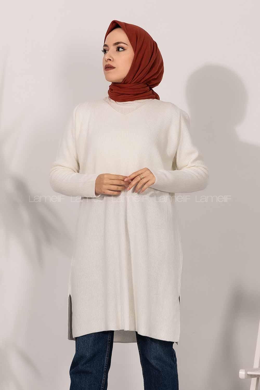 Modalamelif  V Yaka Yırtmaç Detaylı Salaş Tunik Beyaz