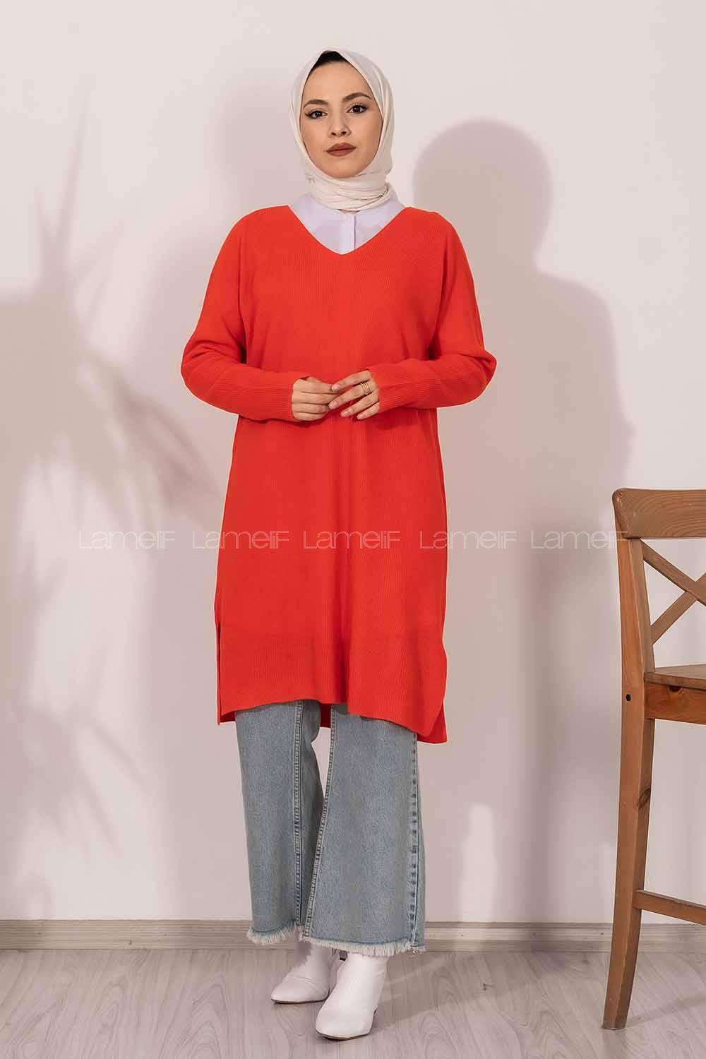 Modalamelif  V Yaka Yırtmaç Detaylı Salaş Tunik Kırmızı