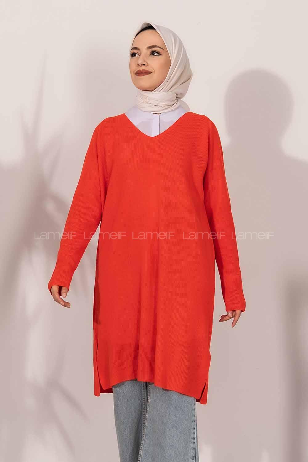 Modalamelif  V Yaka Yırtmaç Detaylı Salaş Tunik Kırmızı