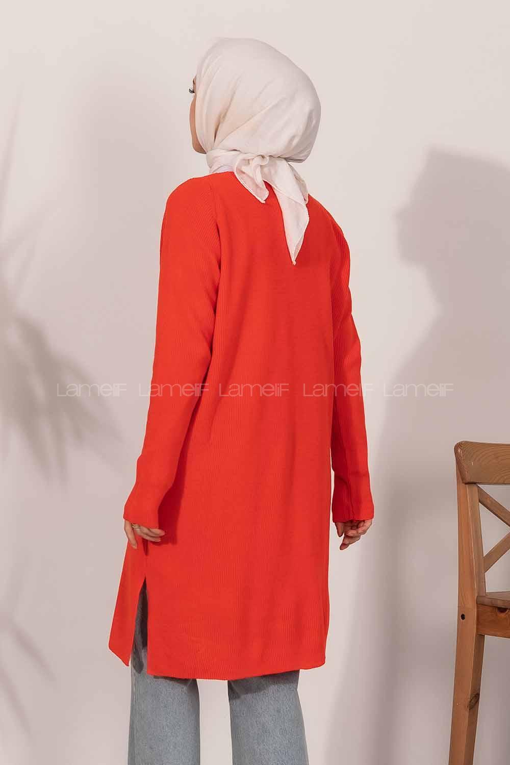 Modalamelif  V Yaka Yırtmaç Detaylı Salaş Tunik Kırmızı