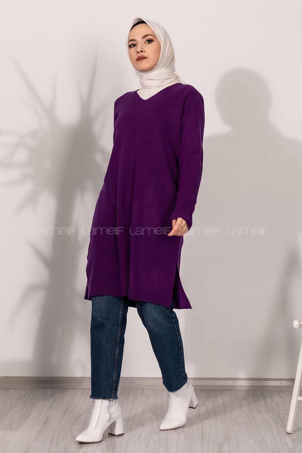 Modalamelif  V Yaka Yırtmaç Detaylı Salaş Tunik Mor