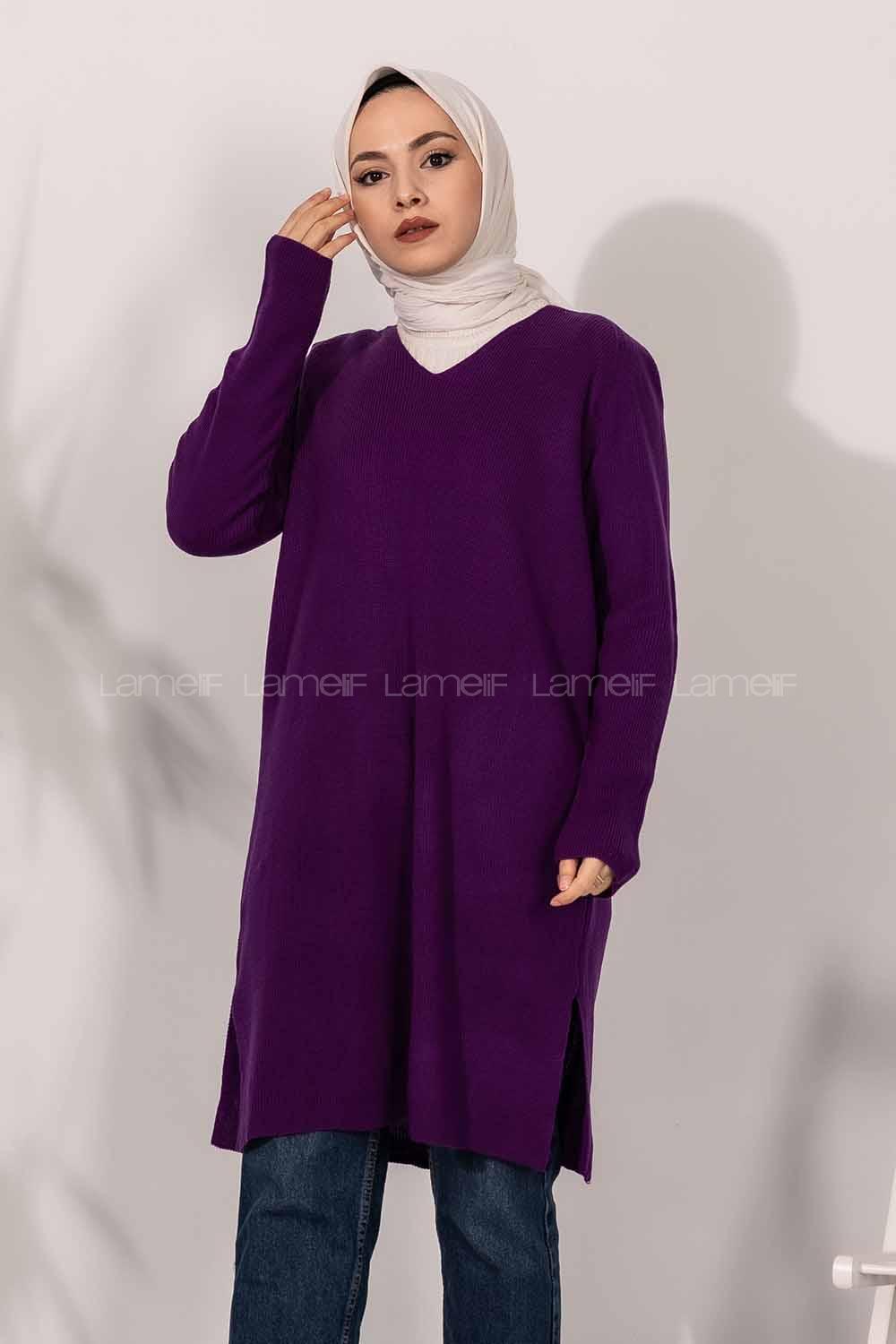Modalamelif  V Yaka Yırtmaç Detaylı Salaş Tunik Mor