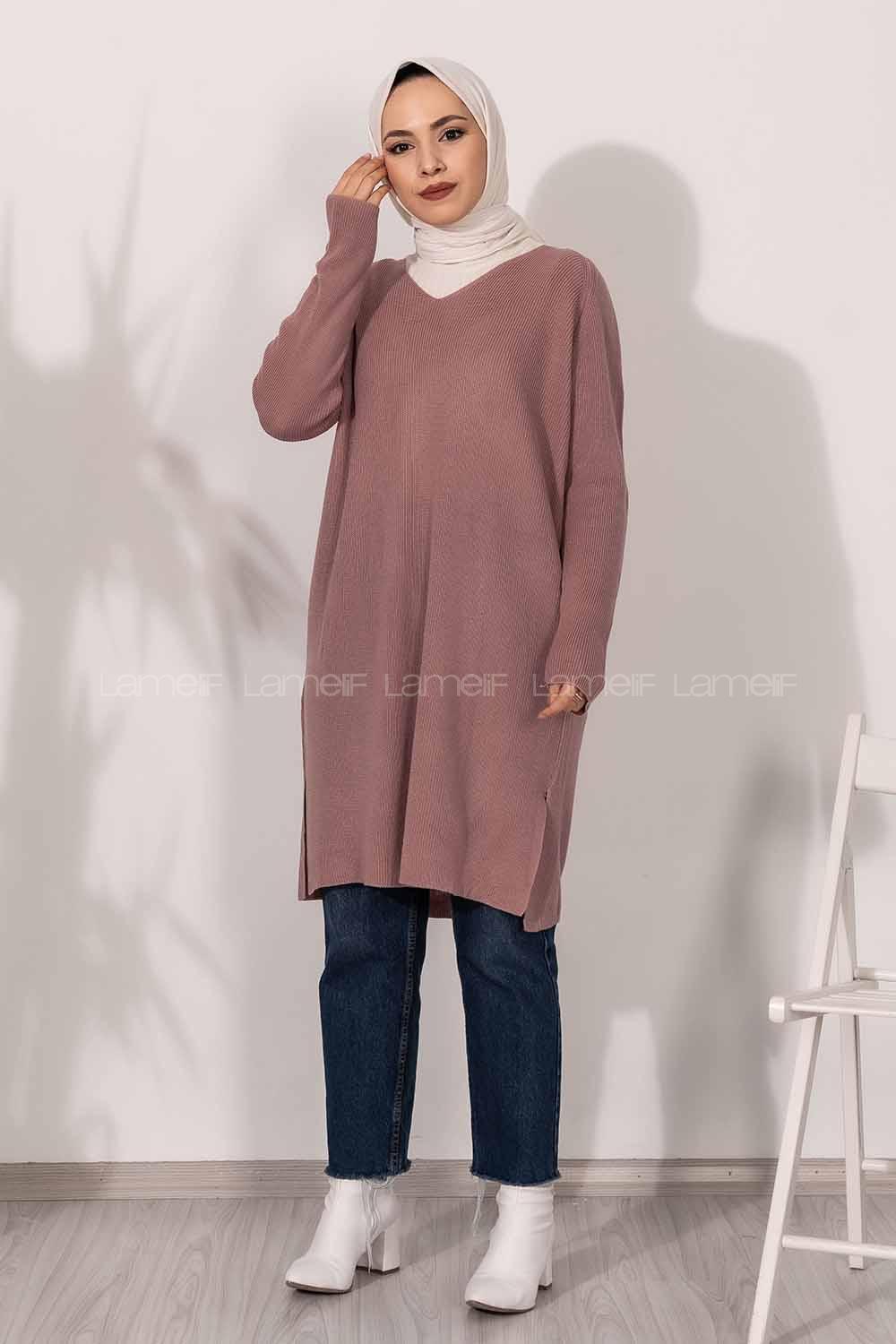 Modalamelif  V Yaka Yırtmaç Detaylı Salaş Tunik Pudra