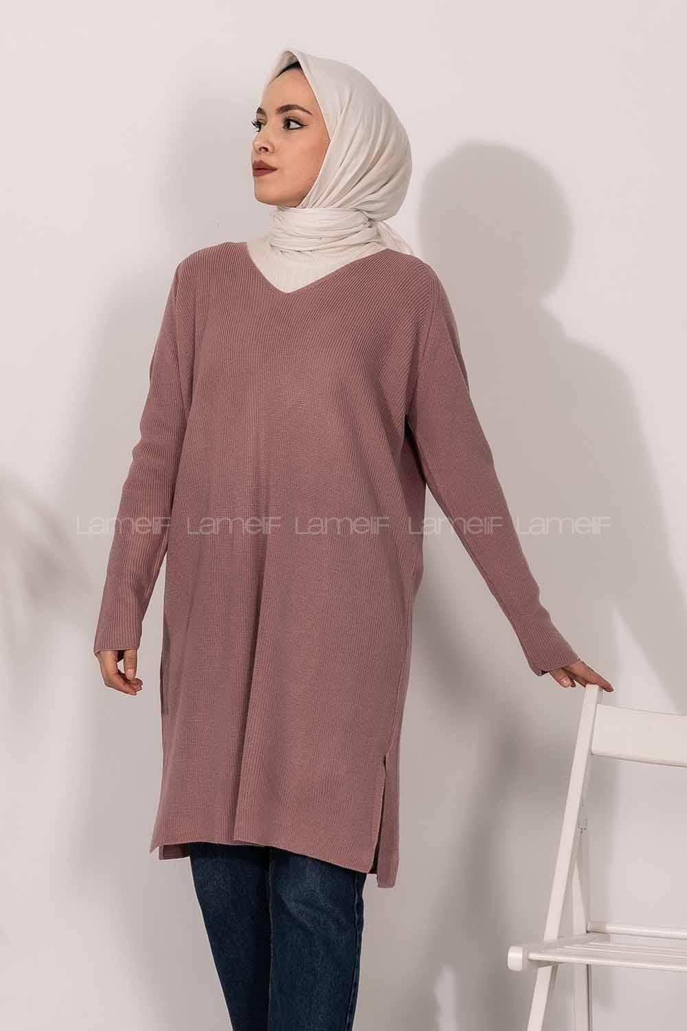 Modalamelif  V Yaka Yırtmaç Detaylı Salaş Tunik Pudra