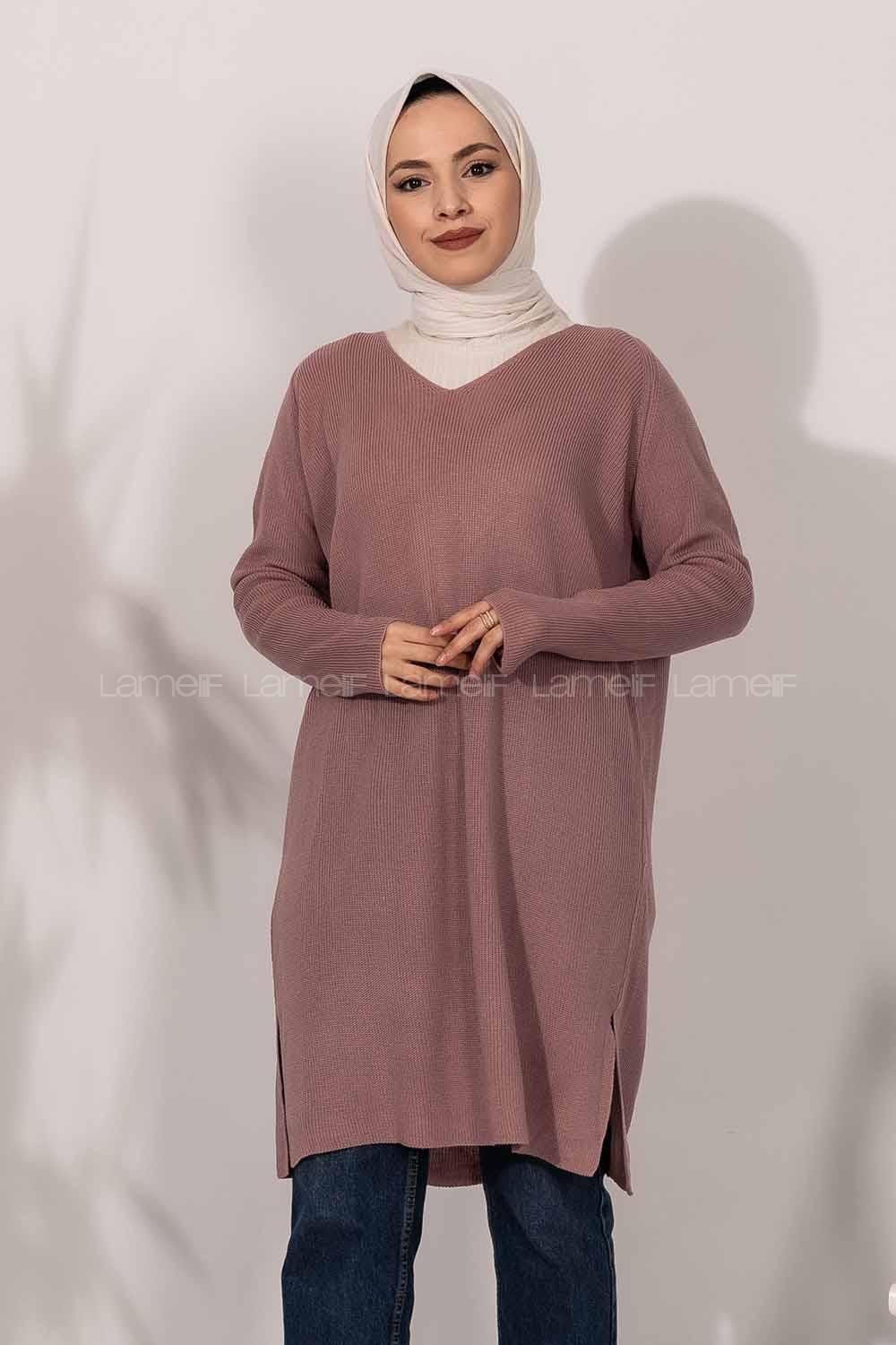 Modalamelif  V Yaka Yırtmaç Detaylı Salaş Tunik Pudra