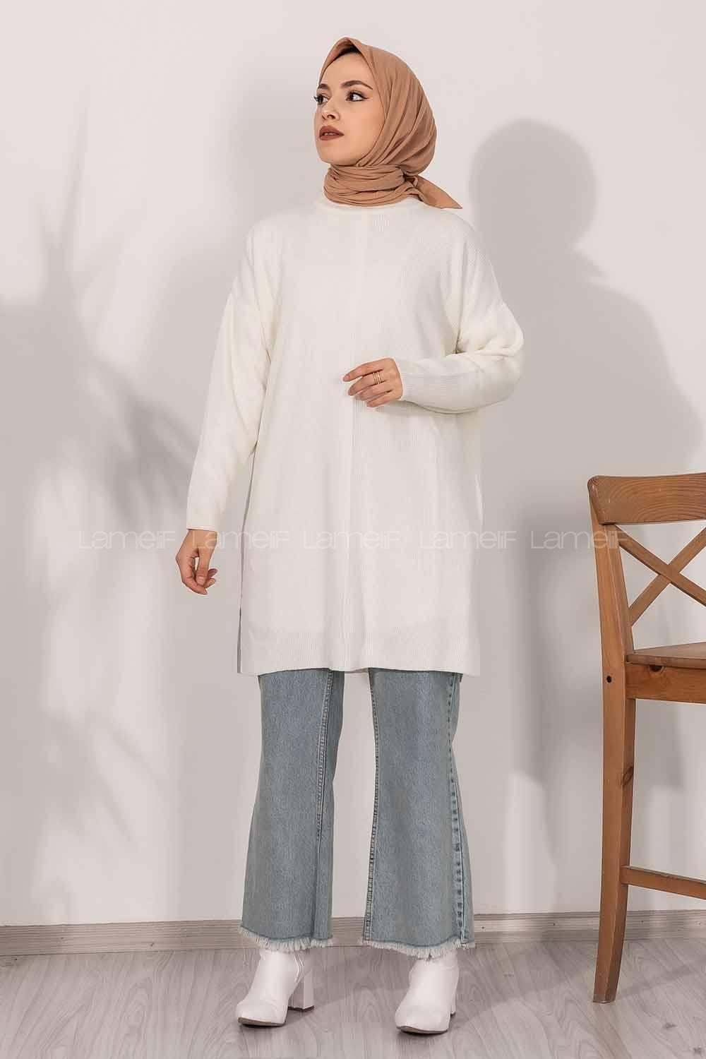 Modalamelif  Yarım Boğazlı Yırtmaç Detaylı Salaş Tunik Beyaz
