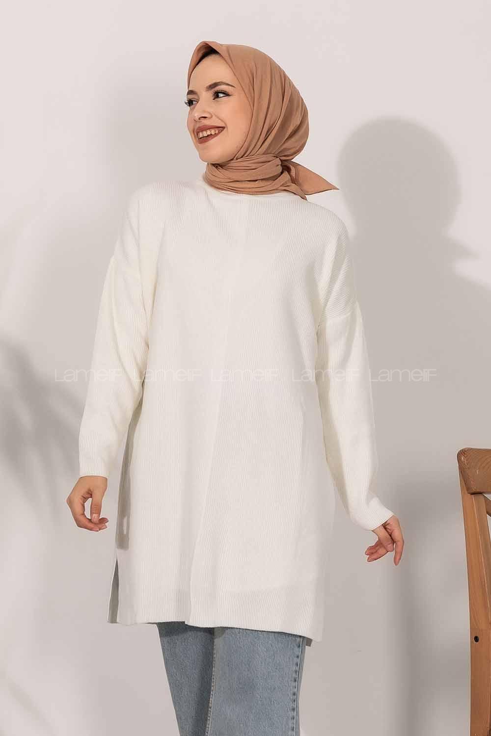 Modalamelif  Yarım Boğazlı Yırtmaç Detaylı Salaş Tunik Beyaz