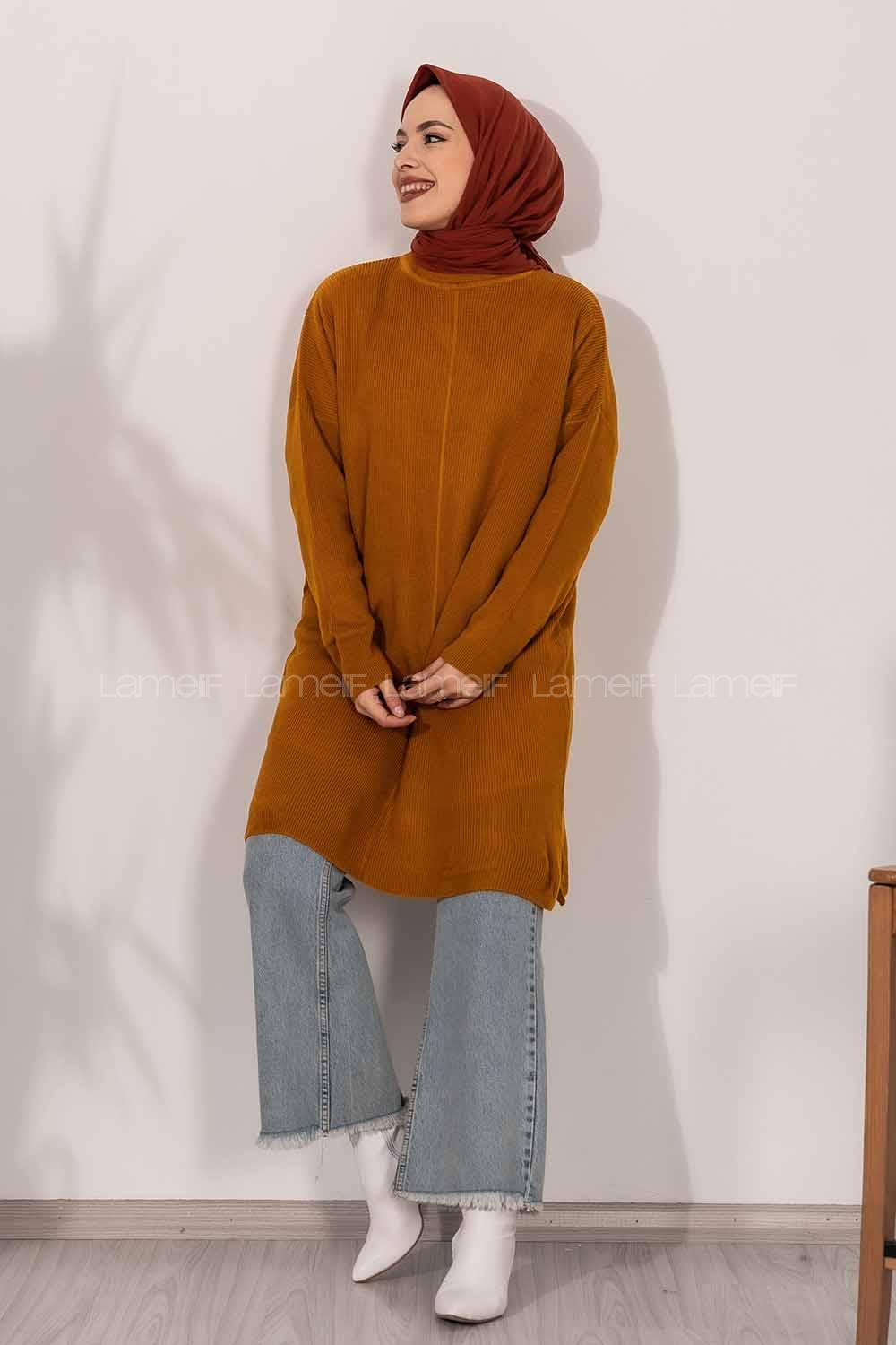 Modalamelif  Yarım Boğazlı Yırtmaç Detaylı Salaş Tunik Camel