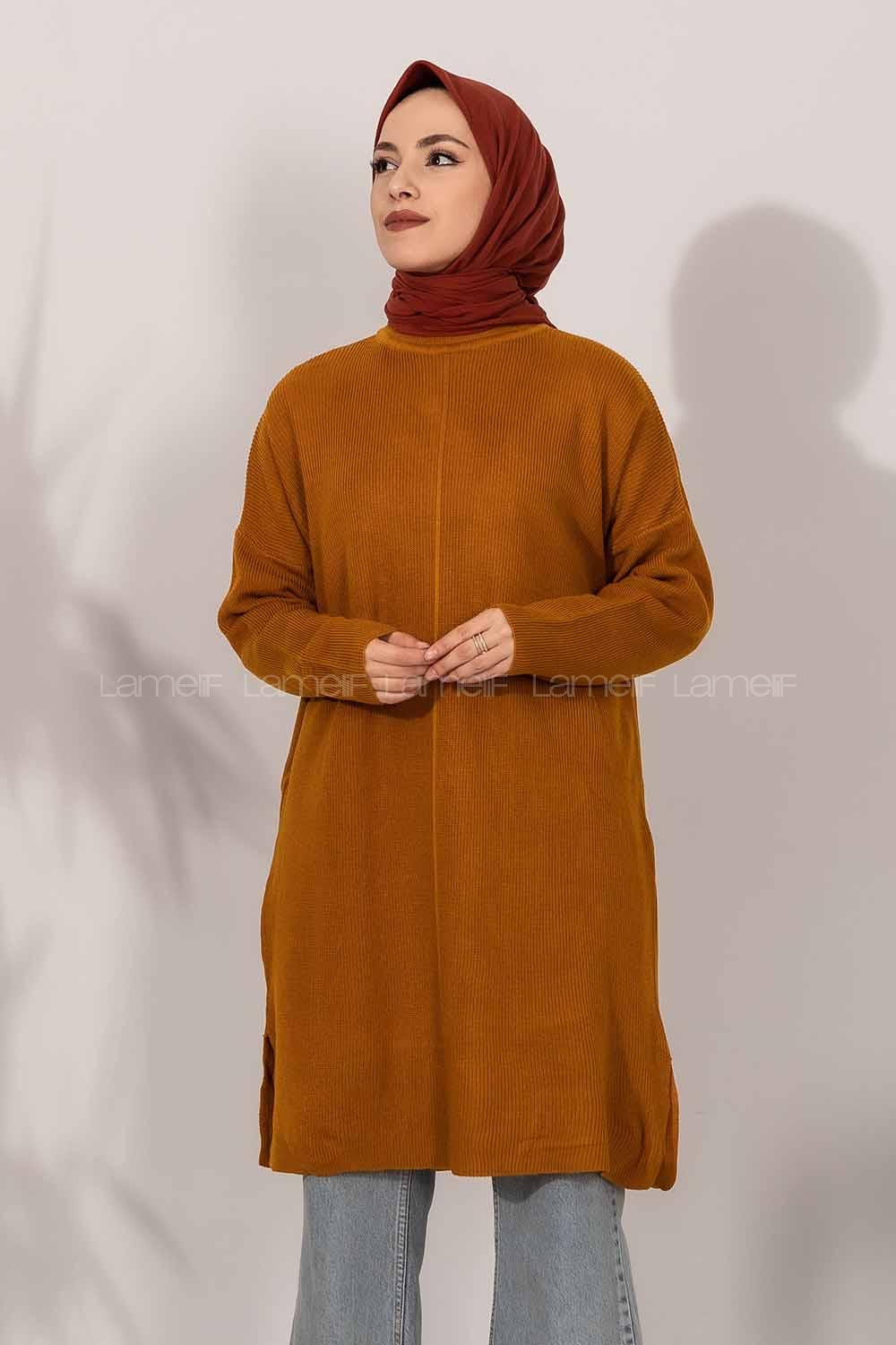 Modalamelif  Yarım Boğazlı Yırtmaç Detaylı Salaş Tunik Camel