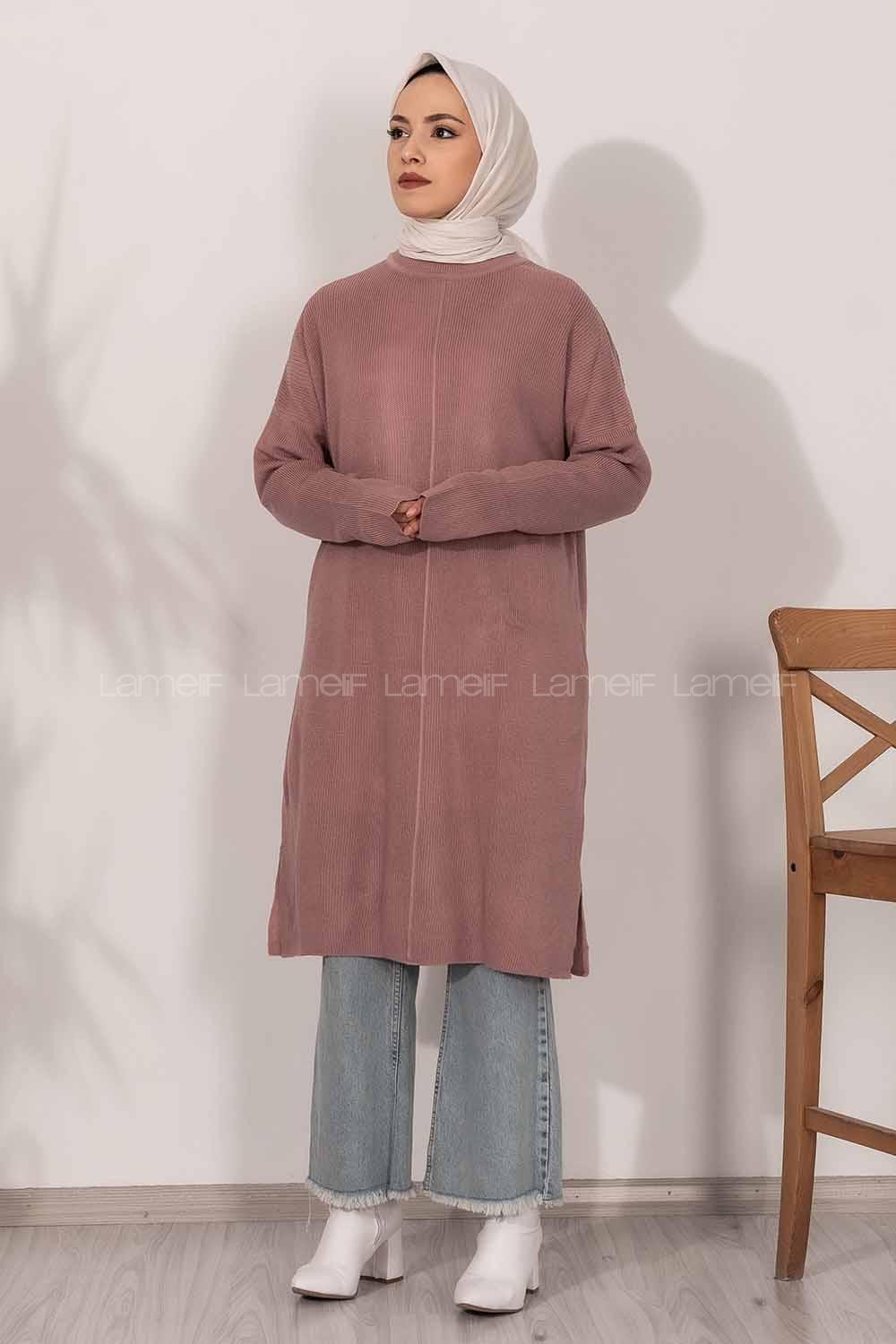 Modalamelif  Yarım Boğazlı Yırtmaç Detaylı Salaş Tunik Eflatun