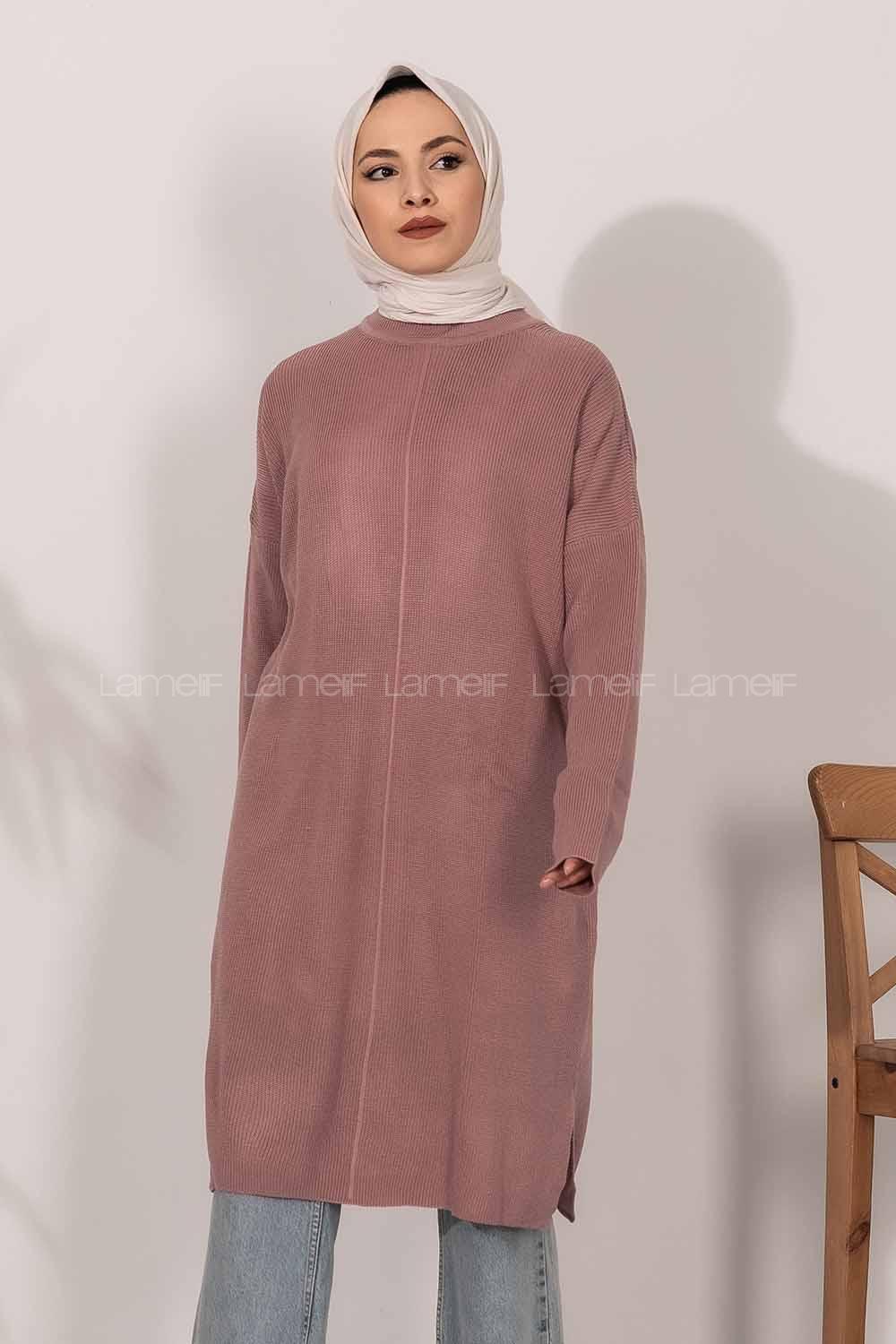 Modalamelif  Yarım Boğazlı Yırtmaç Detaylı Salaş Tunik Eflatun