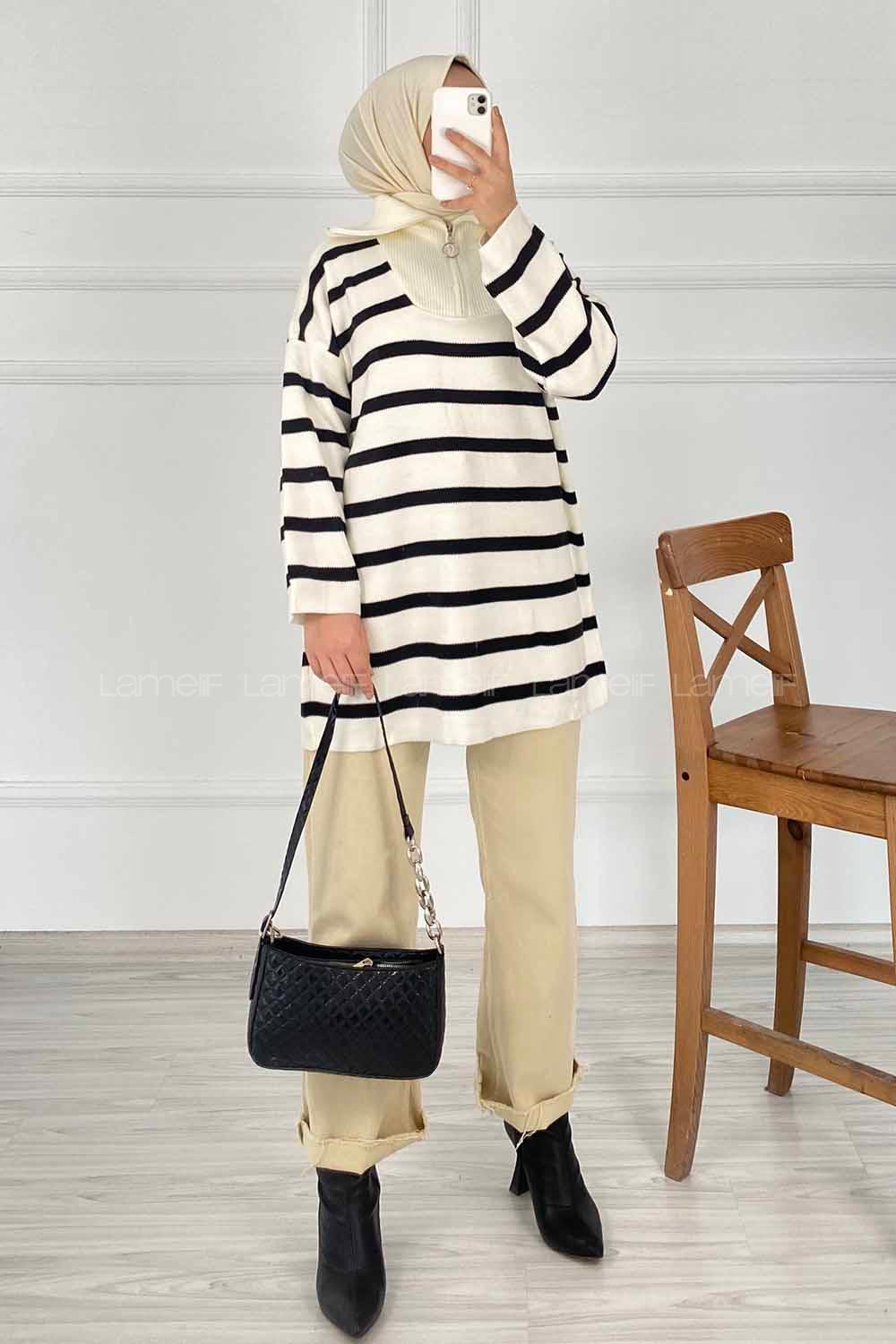 Modalamelif Yarım Fermuar Detaylı Çizgili Kazak Beyaz-Siyah